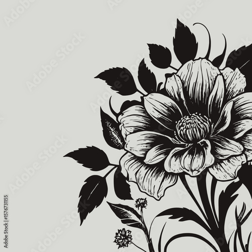 Black floral illustration with detailed petals flower