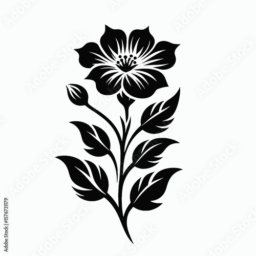 Black floral motif with bud and leaves flower bloom