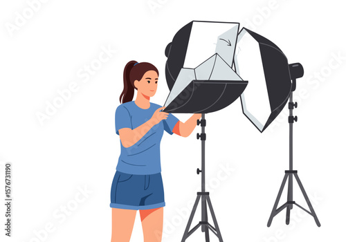 Vector SVG Illustration of a Woman Operating Studio Lighting Equipment in Modern Flat Style with Natural Colors for Creative and Digital Media Use