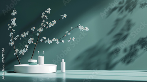 3d render. Minimalistic interior design with blue and turquoise pastel color,A simple white vase holds delicate white blossoms with gentle pink accents, placed on a rustic wooden table. The soft, blur