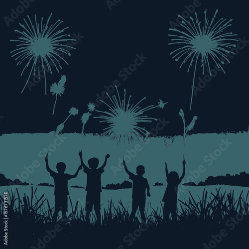 Children with sparklers watching fireworks night celebration