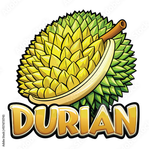 Cartoon durian illustration with the word DURIAN