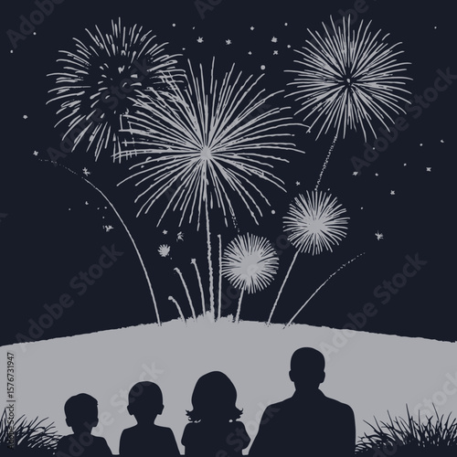 Family watches fireworks display celebration night