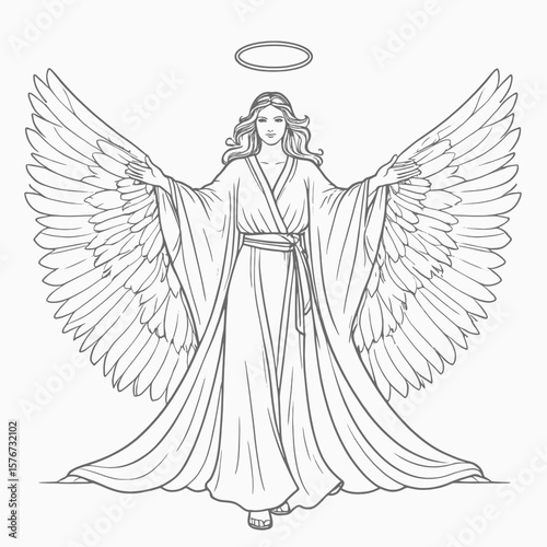 Female angel with feathered wings and halo robe