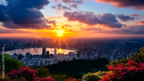 Stunning sunset aerial view of cityscape over the ocean, colorful skies and beautiful flowers