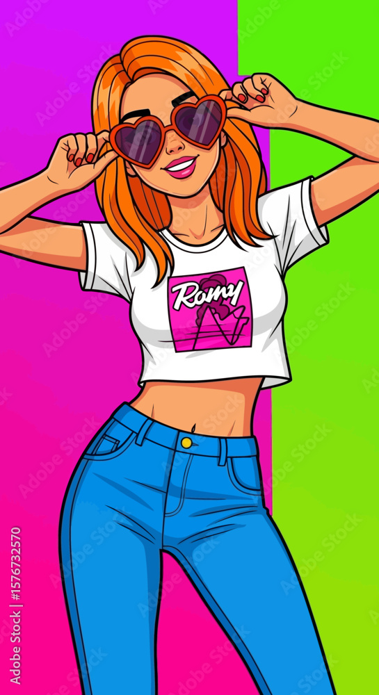 Trendy Girl in Crop Top and Heart Sunglasses Cartoon Trendy Girl in Crop Top and Heart Sunglasses Cartoon