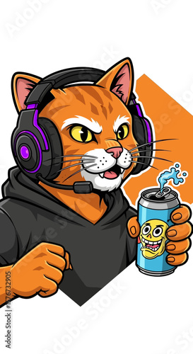 Gamer Cat Mascot with Headset and Energy Drink