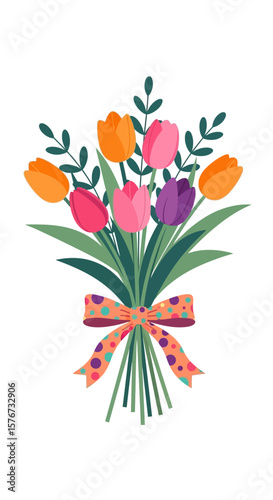 Colorful Tulip Bouquet with Polka Dot Ribbon