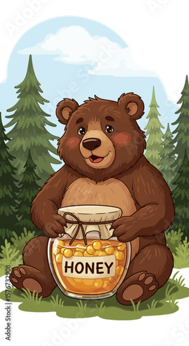 Cartoon Bear Holding Honey Jar in Forest Setting