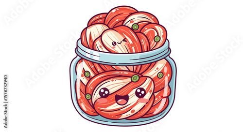 Jar of Smiling Kimchi Characters with Green Accents