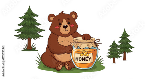 Cartoon Bear Sitting with Honey Jar in Pine Forest