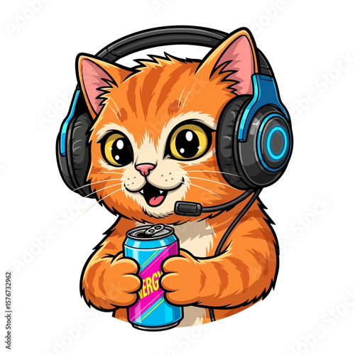 Energetic Cartoon Cat Gamer Holding Drink Can