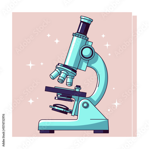 Stylized Blue Microscope with Sparkles on Pink Background