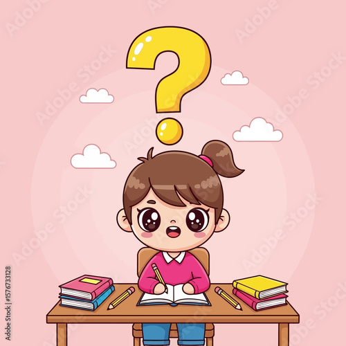 Cute Student Girl With Question Mark Illustration