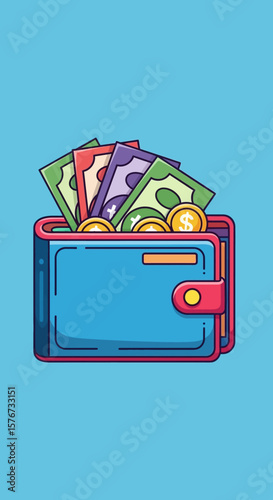 Cartoon Wallet With Money Bills Coins Illustration