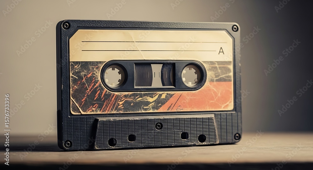 Naklejka premium Close-up of a vintage audio cassette tape, showing its details and aged appearance.