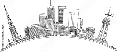 Panoramic cityscape monochrome drawing. Vector illustration, EPS 10 version.