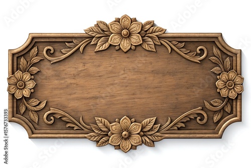 Vintage carved wooden nameplate with floral frame on white background