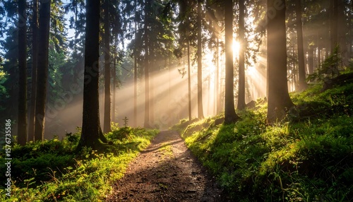 Enchanting Forest Trail with Sunbeams Serene Nature Landscape with Hiking Path.