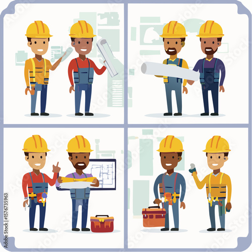 Construction workers team in hard hats read blueprints graphic