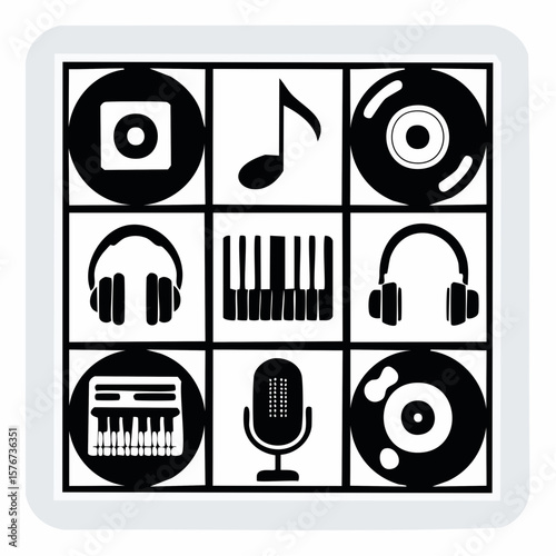 Musical instrument icons compose a grid based black and white design