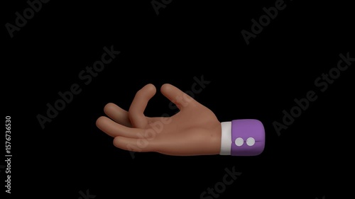 Seamless 4K loop of black skin meditation hand gesture in purple sleeve. 3D emoji cartoon animation render with alpha transparent background