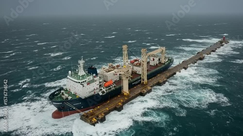 Cargo ship docking in rough seas