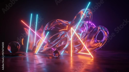 A mesmerizing futuristic footage featuring vibrant neon glow elements and sci-fi digital patterns in motion. The animation includes abstract light streaks, holographic grids, and glowing particles tha