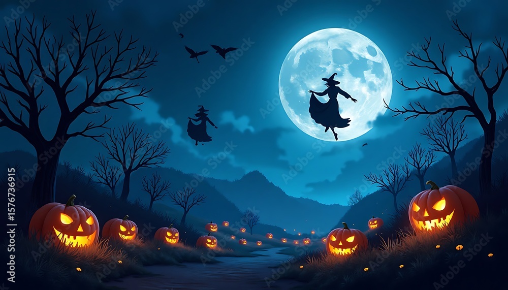 Silhouetted Witches Flying Over Glowing Pumpkins and Moonlit Landscape Silhouetted Witches Flying Over Glowing Pumpkins and Moonlit Landscape