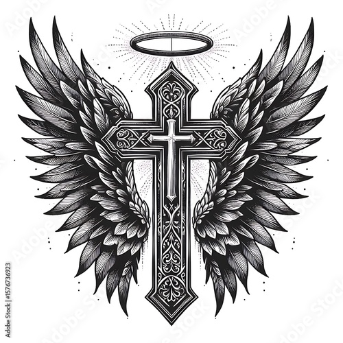 Christian faith symbolism is displayed through the ornate cross and the stylized feathered wings surrounding it with a halo.