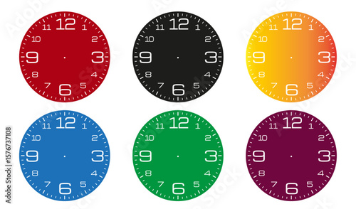 Colorful Round Clock Face Set, Modern Wall Clock Dials in Red, Black, Gradient Orange, Blue, Green and Purple for Home Decor and Graphic Design
