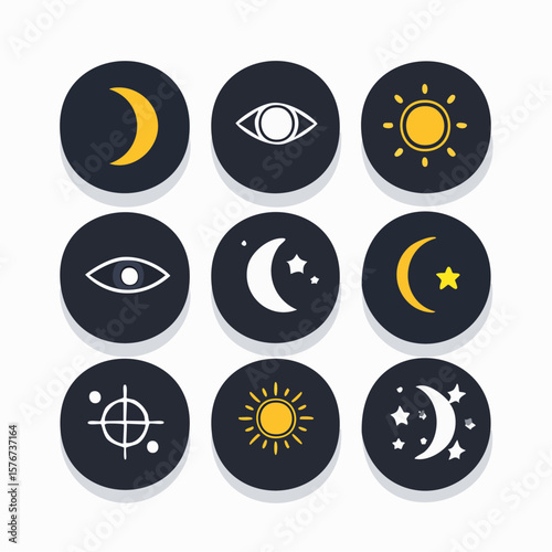 Celestial icon set featuring sun, moon, and eye elements