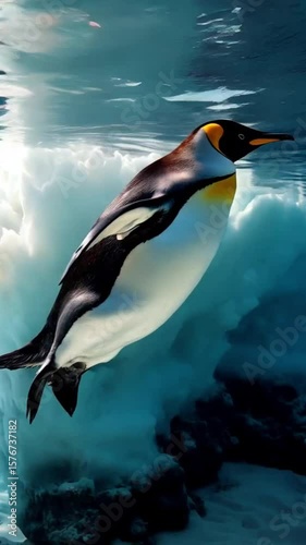 Emperor penguin swims underwater through sunbeams, its black and white plumage contrasting against blue ice and sandy seabed. Realistic detail, graceful motion, calm natural scene.