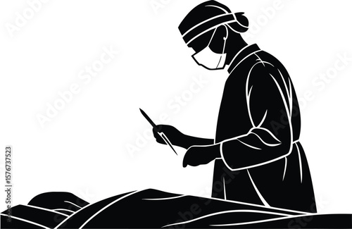 Silhouette vector of a surgeon wearing a mask and performing surgery in an operating room. Perfect for medical, healthcare, hospital, and surgery-related visuals. black clipart  isolated on transparen