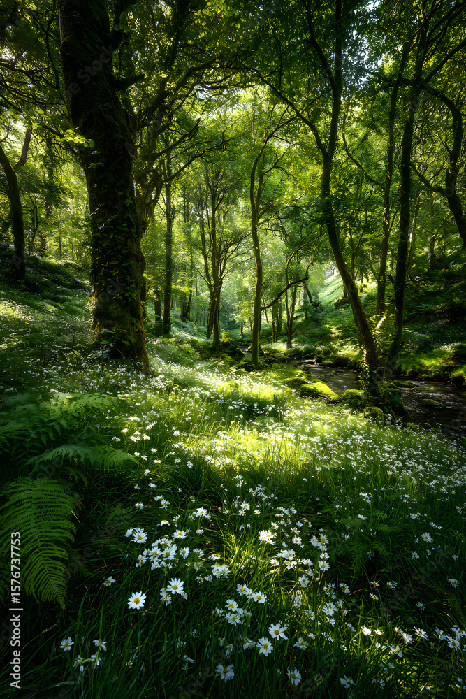Naklejka premium A Symphony of Light and Life: Enchanting Woodland Oasis Revealed in Vivid Color Composition