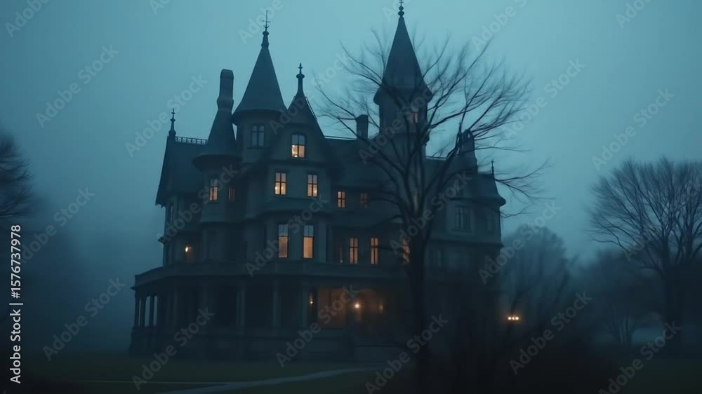 Ominous Old House in Foggy Night Setting the Mood Ominous Old House in Foggy Night Setting the Mood