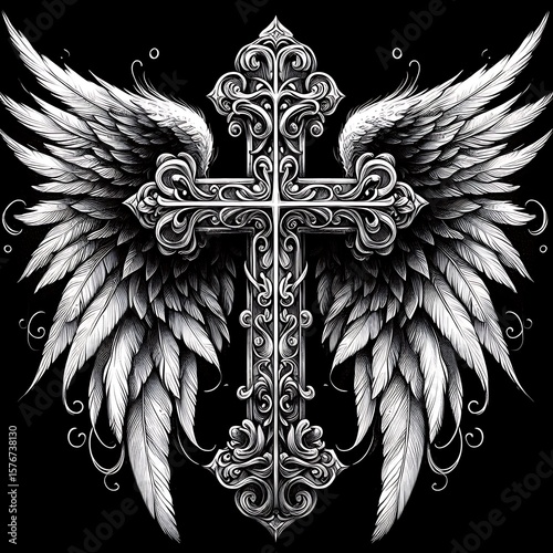 A detailed cross illustration featuring decorative wings, set against a dark backdrop to enhance the visual impact and create a dramatic effect.