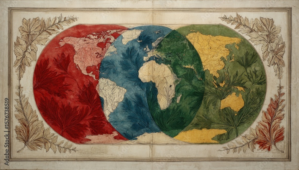 Obraz premium A hand-drawn, antique-style world map is divided into three color-coded sections, each representing a different hemisphere, overlapping to show the continents.