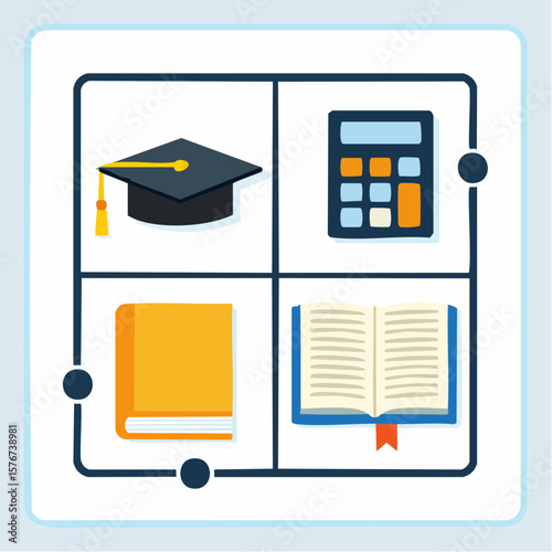 Education concepts graphic featuring a cap, calculator, books, learning