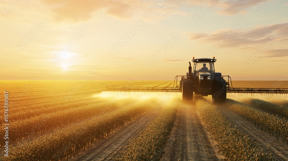 Fototapeta premium Tractor spraying fields during a golden sunset on a rural farm