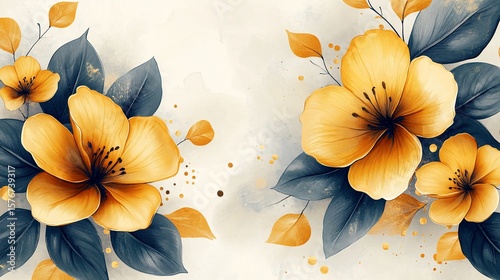 Elegant floral illustration with golden yellow flowers and navy leaves creating a sophisticated and artistic wallpaper