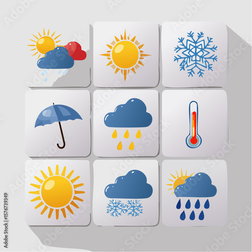 Weather forecast icons showing sun, clouds, snowflake and temperature