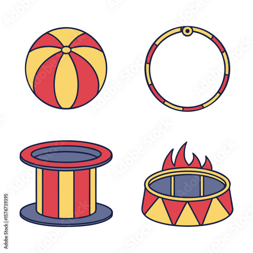 Circus Props Icon Set — Juggling Balls, Magic Hat, Ring of Fire