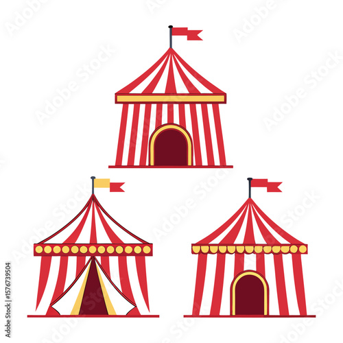 Circus Tent Vector Set — Colorful Striped Tents with Flags and Domes