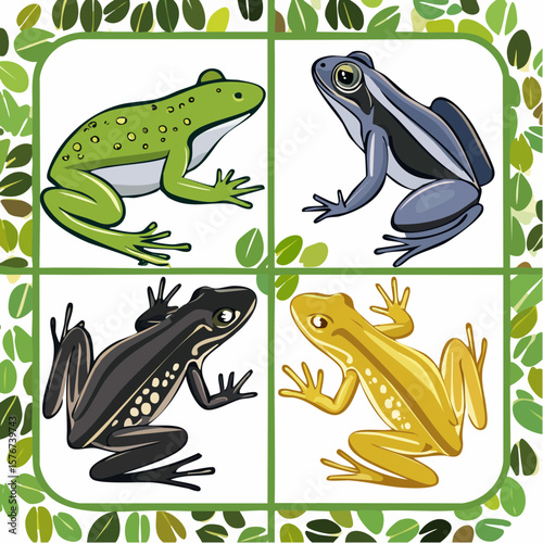 Four colorful frogs arranged in a nature themed mosaic design