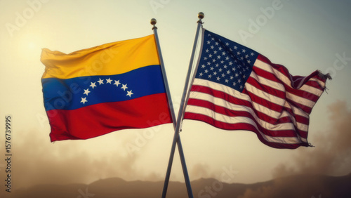 the flags of venezuela and the united states of america flutter in the wind