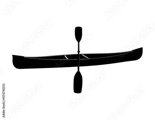 Black silhouette of canoe with paddle, great for outdoor adventure, camping, nature, travel, recreational sports, and vacation design projects.