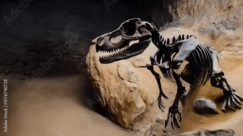 Detailed view of a dinosaur skeleton excavation site showcasing a massive T-Rex fossil amidst sandy terrain