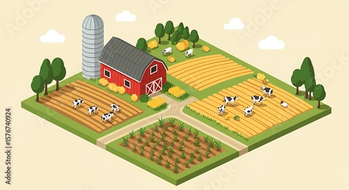 Isometric Farm Illustration with Barn, Cows, and Fields A Quaint Rural Scene in a Vector Style