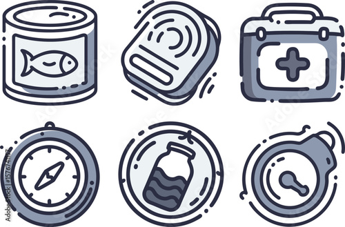 Collection of illustrated icons featuring canned fish, a first aid kit, a compass, a jar, and a flashlight, ideal for educational or informational use